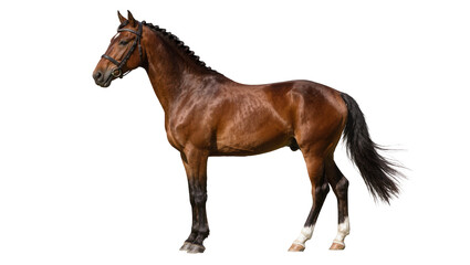 Obraz premium Brown horse with braided mane and leather bridle, isolated on transparent background