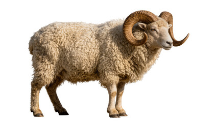 Ram with large curled horns and thick woolly fleece, isolated on transparent background © Aliona