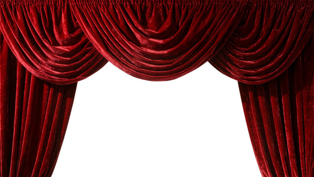 Deep red velvet drapes with swags, isolated on transparent background