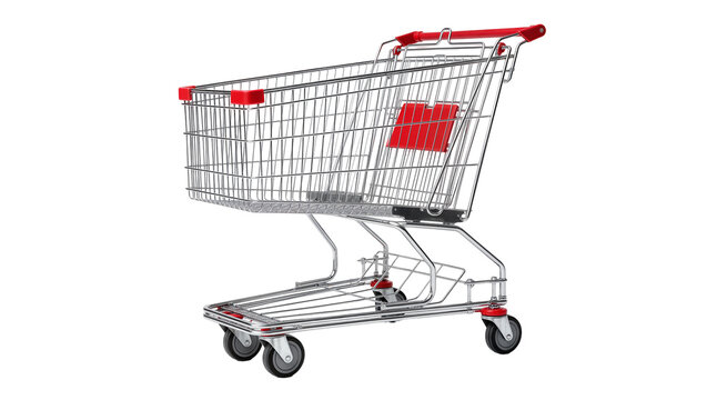 Shiny metal shopping cart with red accents, isolated on transparent background