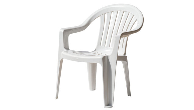 White plastic garden chair with slatted back, isolated on transparent background