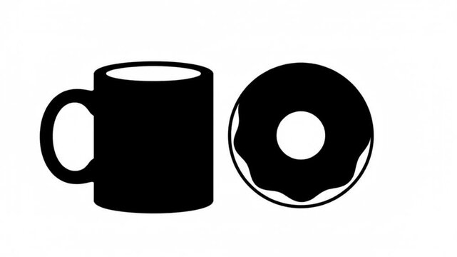 Coffee Mug and Donut Black and White Silhouette Vector Illustration