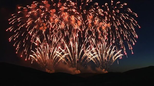Spectacular Fireworks Display Illuminating the Night Sky with Colorful Bursting Explosions over Dark Silhouetted Hills