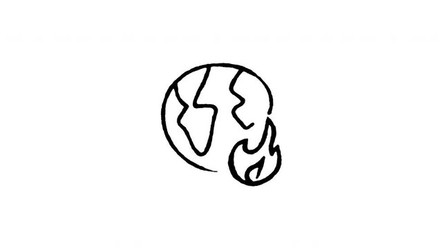 Animated doodle icon of a planet earth on fire representing global warming and heat.