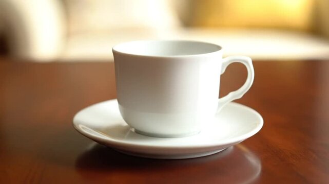 Empty white coffee cup and saucer sitting on a brown wooden table with soft focus background.