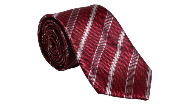 Rolled dark red striped necktie with textured fabric, isolated on transparent background