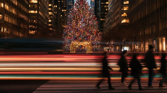 Large Illuminated Christmas Tree Standing Between Downtown Buildings with Motion Blurred Traffic Light Trails at Night