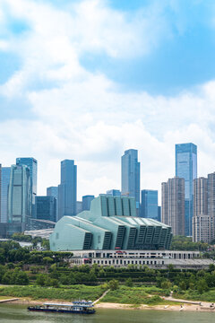 Chongqing, China - July 19, 2026: Chongqing Grand Theatre and Jiangbeizui Central Business District skyline along the Yangtze River, China.