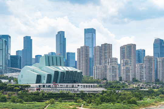 Chongqing, China - July 19, 2026: Chongqing Grand Theatre and Jiangbeizui Central Business District skyline along the Yangtze River, China.