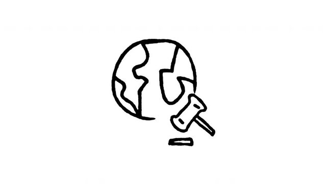 Animated doodle icon of a legal gavel over a globe representing international court law.
