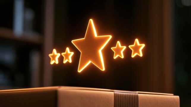 A glowing five-star rating floats over a generic product box. The scene is bright and focuses on establishing trust in the item.