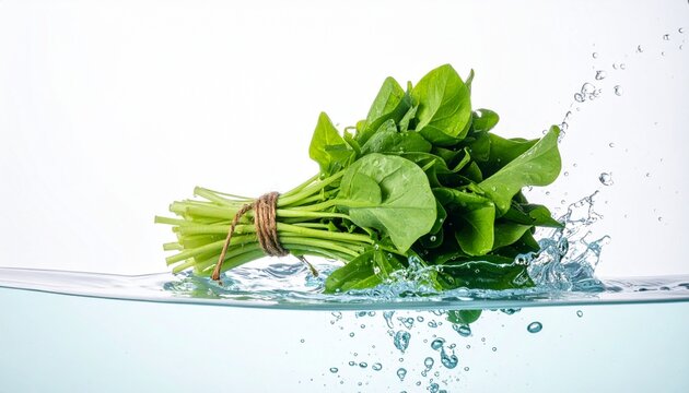 Fresh spinach leaves being washed in clear water with splashes and bubbles