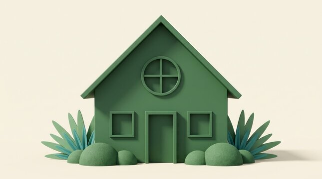 Green residential house model featuring clean geometric lines, simple symmetrical windows, a peaked roof, and minimalist architectural design, studio lighting.