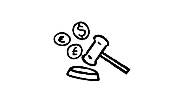 Animated doodle icon of a legal gavel pounding over money coins for economic penalty fines.