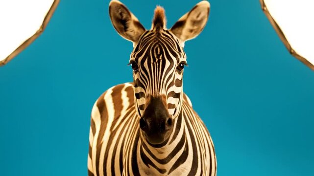 Stunning studio portrait of a zebra staring directly at the camera against a vibrant teal background