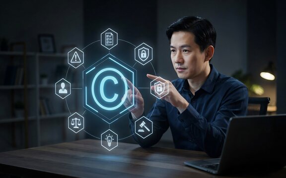 Man interacting with digital copyright and legal protection interface hologram in a modern office