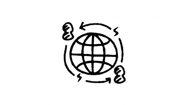 Animated doodle icon of a globe surrounded by broken network signals for outage.