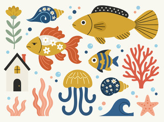 Fototapeta premium Stylized Underwater Folk Art Illustration Set with Fish, Coral, and Sea Life