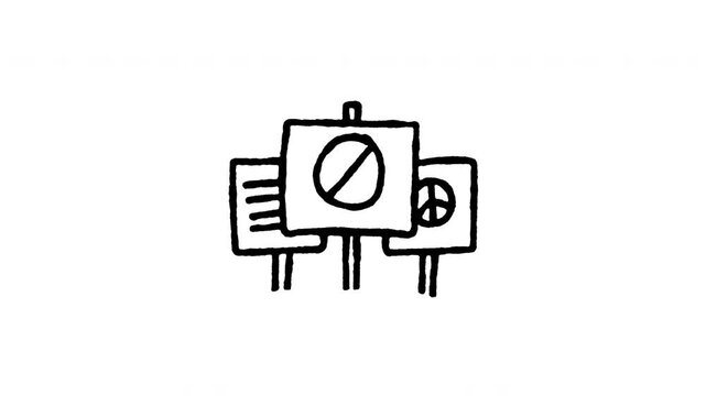 Animated doodle icon of group protest signs held high for activism demonstration.