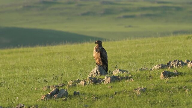 Eagle perches on stone pinnacle above green prairie while watching wide valley below.