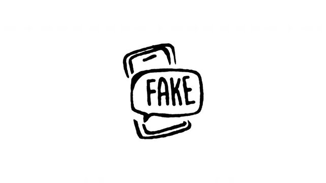 Animated doodle icon of a smartphone displaying a fake news stamp on the screen.