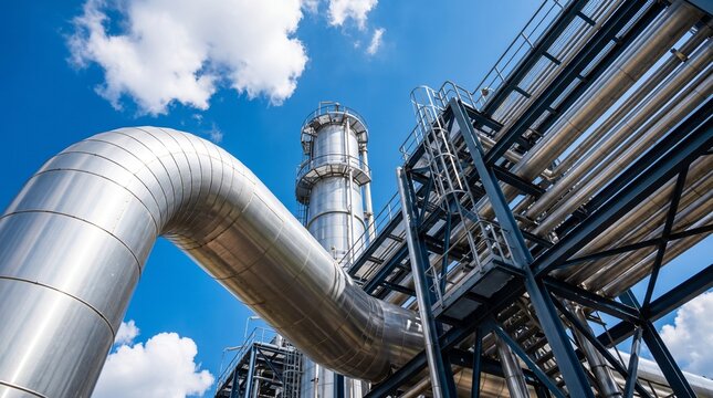 Industrial metal pipeline structure and tall tower at a large chemical processing facility outdoors with blue
