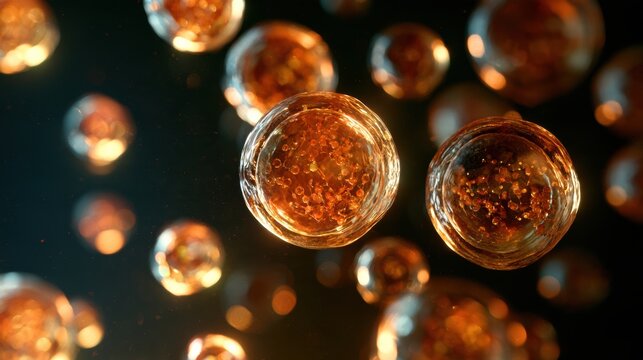 Tiny glowing exosomes float in darkness, carrying visible molecular cargo and symbolizing intercellular communication in therapy.