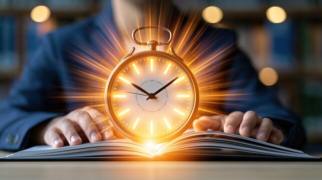 Conceptual image of time management and knowledge with glowing clock