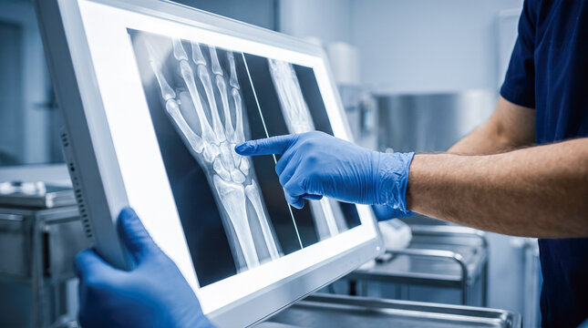 male doctor wearing blue surgical gloves pointing at digital hand bone xray scan displayed on monitor in hospital diagnostic radiology room