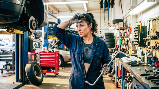 tired female auto mechanic wiping sweat from forehead holding wrench standing inside vehicle repair service garage workshop with car on lift