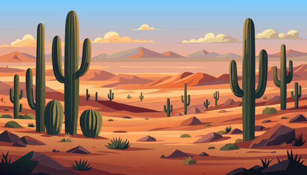 desert, cordillera, cacti, succulents, clouds, rocks, sand, sandstone, mountains, bushes, grass, shadow, vector, panorama, banner, postcard, scenery, , adventure, western, nature
