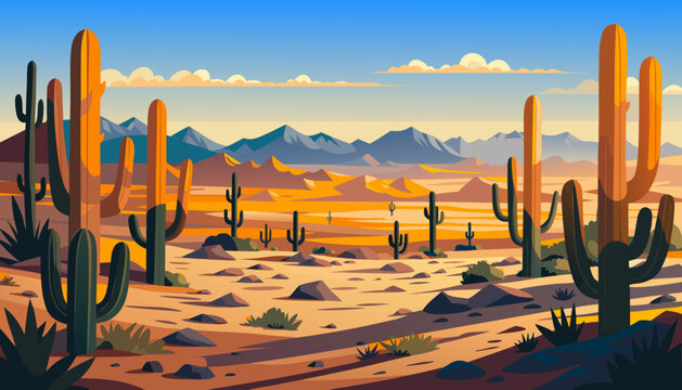 desert, cordillera, cacti, succulents, clouds, rocks, sand, sandstone, mountains, bushes, grass, shadow, vector, panorama, banner, postcard, scenery, , adventure, western, nature