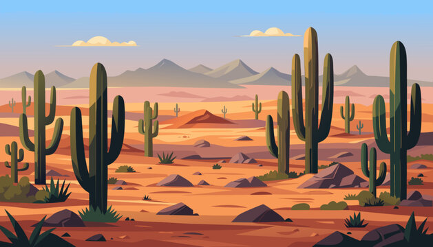 desert, cordillera, cacti, succulents, clouds, rocks, sand, sandstone, mountains, bushes, grass, shadow, vector, panorama, banner, postcard, scenery, , adventure, western, nature