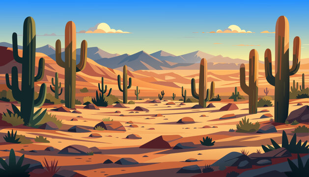 desert, cordillera, cacti, succulents, clouds, rocks, sand, sandstone, mountains, bushes, grass, shadow, vector, panorama, banner, postcard, scenery, , adventure, western, nature