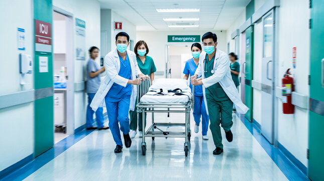 urgent medical team running down hospital hallway pushing empty stretcher diverse doctors nurses wearing blue green scrubs emergency response action clinic motion