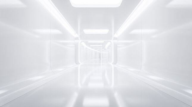 futuristic white corridor empty bright illuminated interior modern spaceship hallway glowing lights clean geometric architecture scientific laboratory tunnel abstract tridimensional background