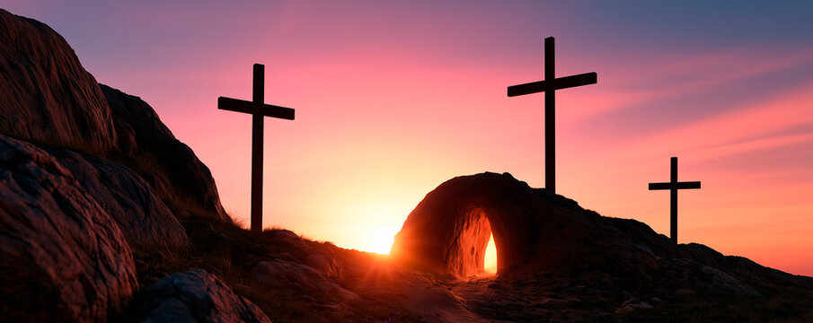 Crosses stand on a hill in Easter morning dawns over the empty tomb symbolizing the resurrection of Jesus Christ.