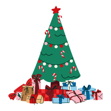 Festive Christmas tree decorated with colorful baubles, candy cane ornaments, garland and red star above wrapped presents, cheerful holiday illustration for cards, posters, packaging and advertising