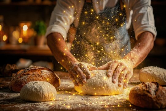 Baker kneading dough with magical glowing sparkles flying around