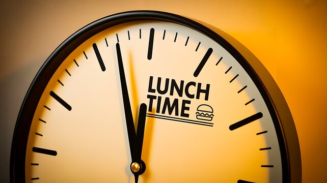 Lunch time concept with a classic clock showing midday against a warm background