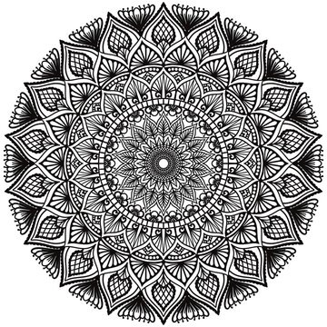 Intricate black and white mandala design featuring symmetrical floral, geometric, and ornamental patterns. Detailed line art with a radial composition, suitable for coloring pages,