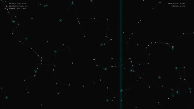 A clean, high-contrast architectural style network with crosshair nodes, dashed connections, and a technical grid background.
