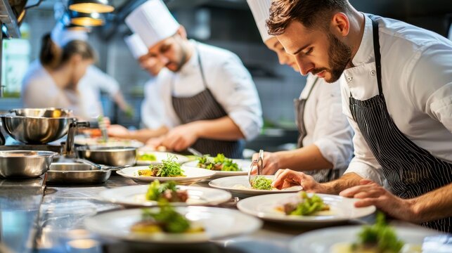 A restaurant team working together in the kitchen, with chefs preparing meals and staff plating dishes.