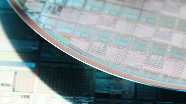 wafer silicon monocrystalline  with microchips after photolithography etching manufacturing reflecting different colors used in fabrication of electronic integrated circuits.