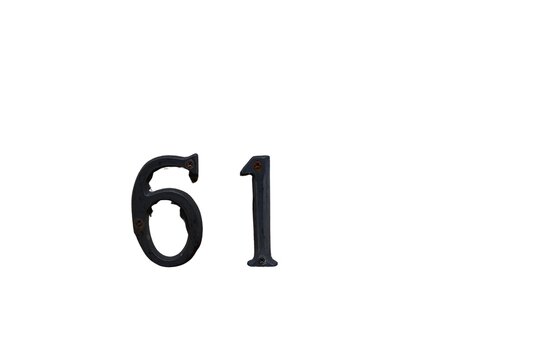 Vintage metal house number sixty-one isolated on a white background. 61 house number on white background 