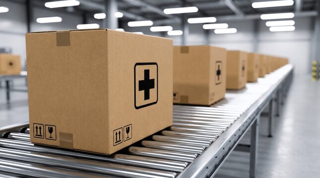 Cardboard shipping boxes with medical cross symbols move along a metallic roller conveyor system in a bright industrial distribution facility