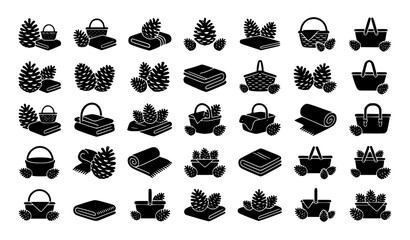 Obraz premium Minimal Pinecone Blanket and Basket Black Filled Vector Icons