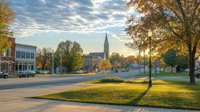 A rural town square with a small park, a church steeple in the background, and a few cars parked along the road.