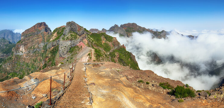 Arieiro peak, mountain landscape over clouds, Madeira