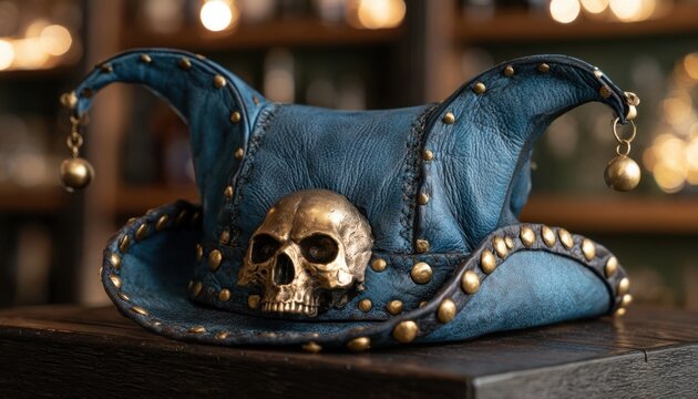 Ornate blue jester hat with golden skull ornament on a rustic wooden surface